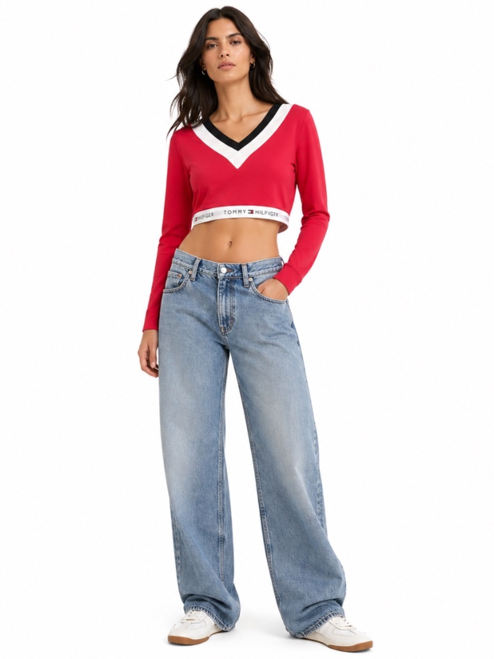 Vintage Tommy Hilfiger Red Cropped V-Neck French Terry Long Sleeve – Medium EUC